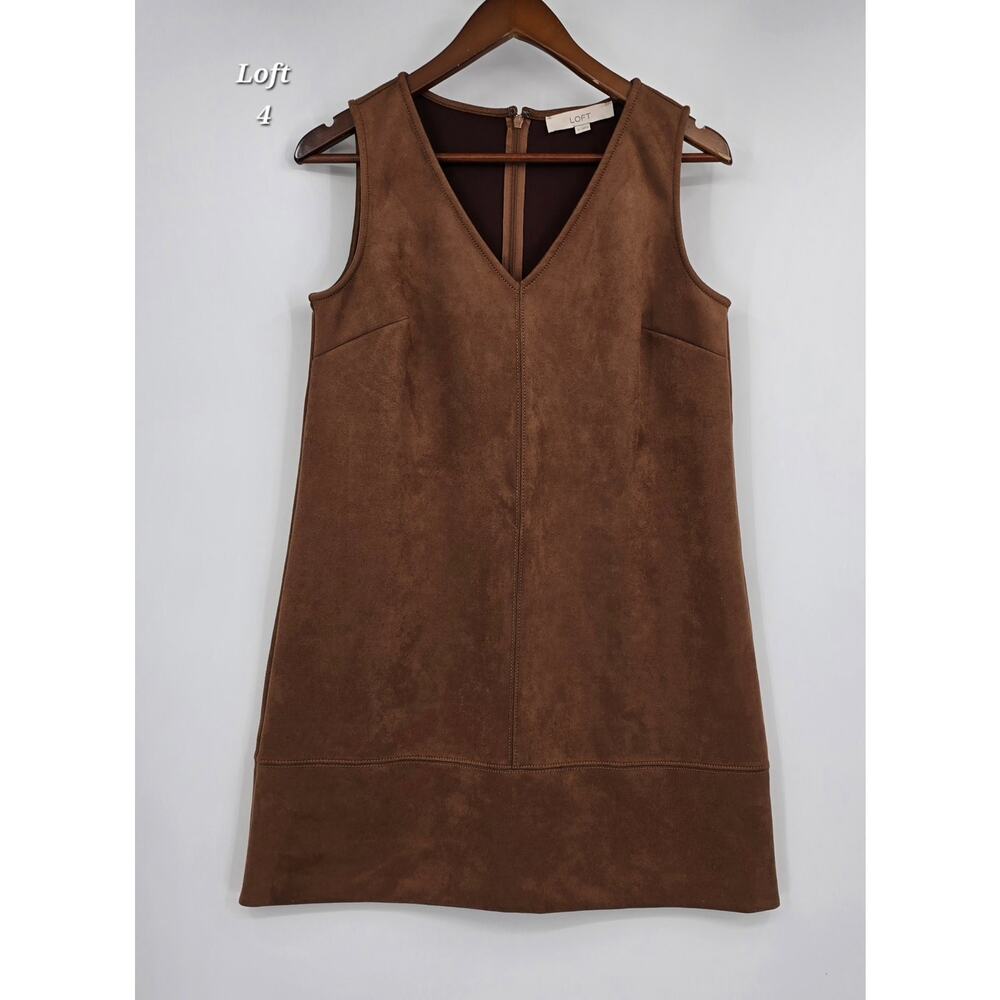 LOFT Faux Suede Shift Dress Brown Sleeveless V Neck Mini Fall Layering Size 4
